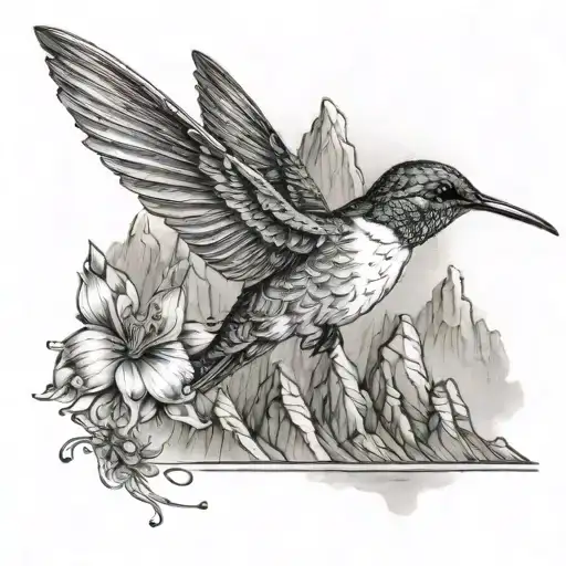 hummingbird with a mountain behind, a sense of deepness, black and white tattoo design idea