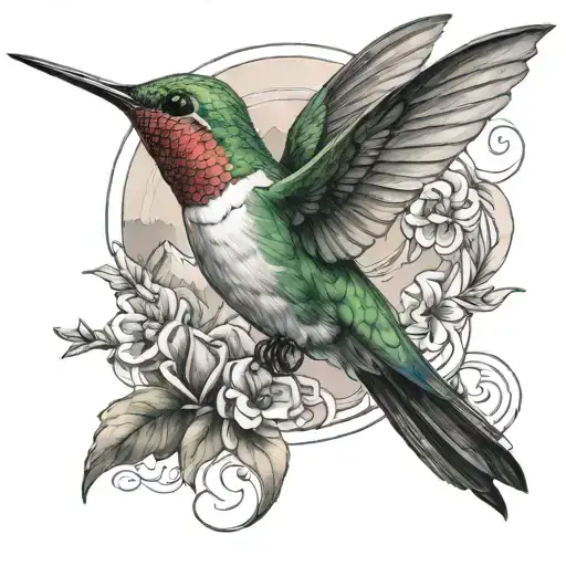 hummingbird with a mountain behind and  a gratitude symbol integrated around with a sense of deepness, masculine tattoo design idea