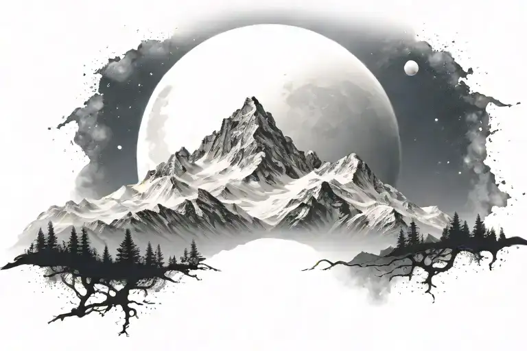 Ultra Realistic White Mountains, No Frame, With The Moon And Galaxy, Bright Pallete tattoo design idea
