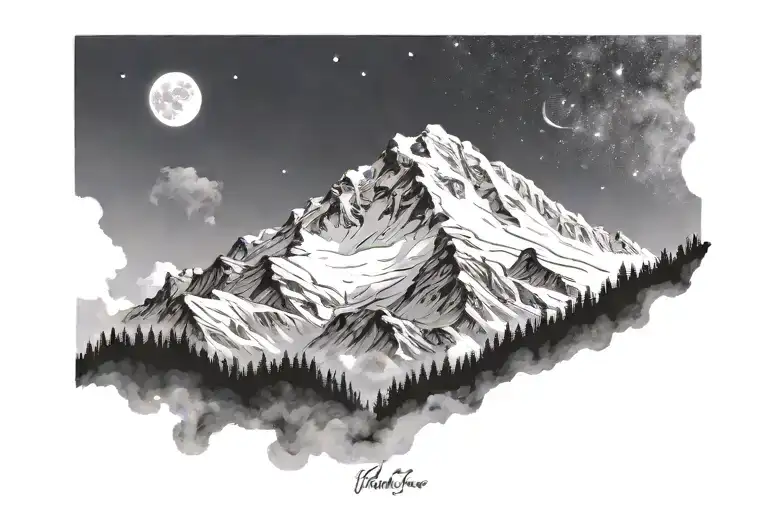 ultra realistic white mountains, no frame, with the moon and galaxy, bright pallete tattoo design idea