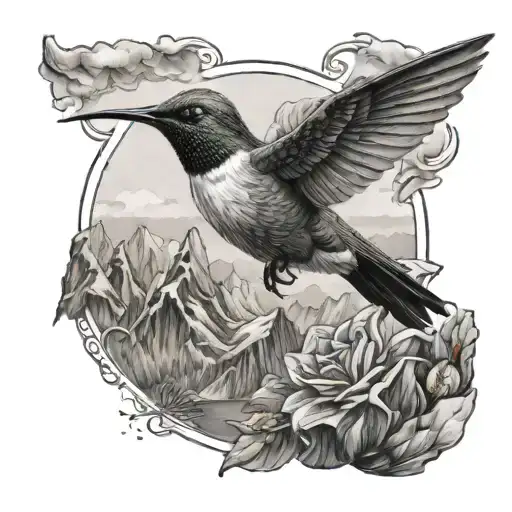 hummingbird with a mountain at the back and a graduate symbol integrated   Black and white color, tattoo design idea