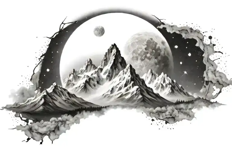 Ultra Realistic White Mountains, No Frame, With The Moon And Galaxy tattoo design idea