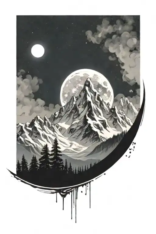 ultra realistic white mountains, dark background, open design, no frame, with the moon, bright pallete tattoo design idea