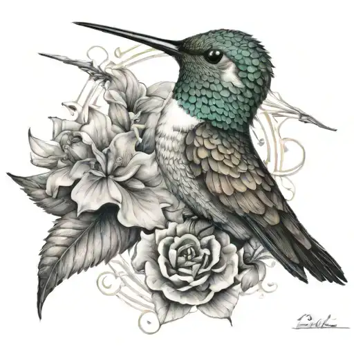 hummingbird with a gratitude symbol integrated around with a sense of deepness, masculine tattoo design idea