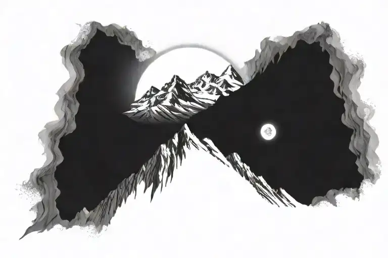 ultra realistic white mountains, dark background, open design, no frame, with the moon, bright pallete tattoo design idea