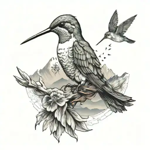 Hummingbird With A Mountain At The Back And A Graduate Symbol Integrated tattoo design idea