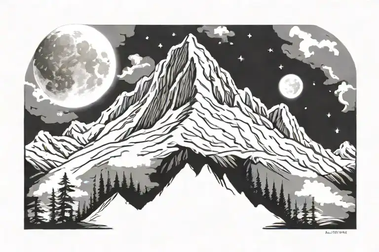 white mountains, dark background, open design, no frame, with the moon tattoo design idea