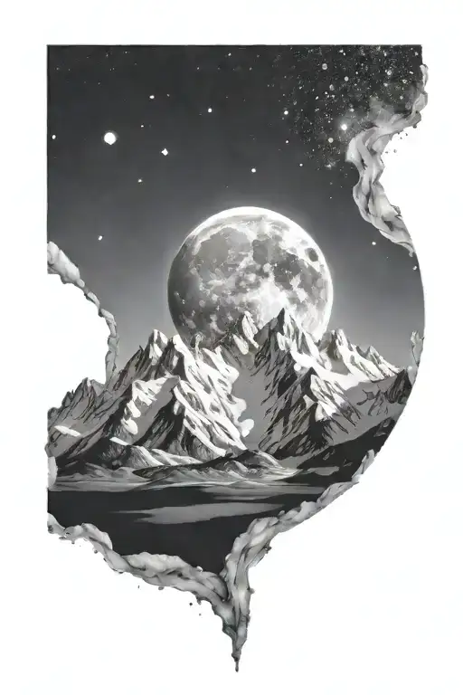ultra realistic white mountains, no frame, with the moon and galaxy, bright pallete tattoo design idea