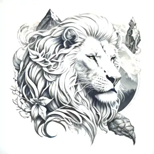 ultra realistic big white lion, sense of deepness, mountain elements background tattoo design idea