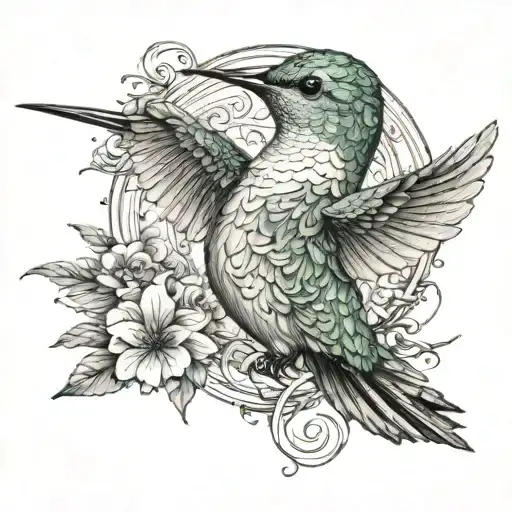 hummingbird with a gratitude symbol integrated around with a sense of deepness, masculine tattoo design idea
