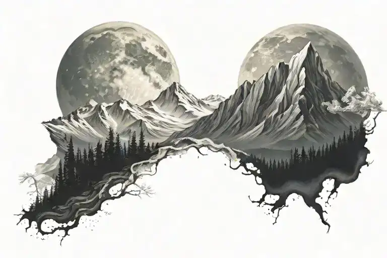 ultra realistic white mountains, dark background, open design, no frame, with a big moon, bright pallete tattoo design idea