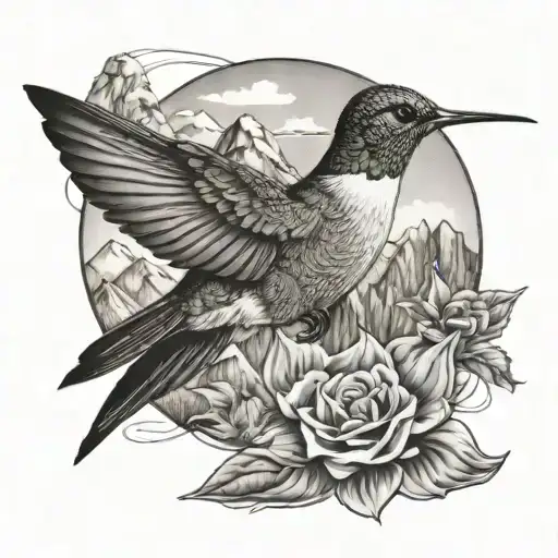 hummingbird with a mountain at the back and a graduate symbol integrated   Black and white color, tattoo design idea