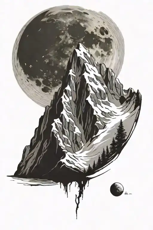 ultra realistic white mountains, dark background, open design, no frame, with the moon, bright pallete tattoo design idea