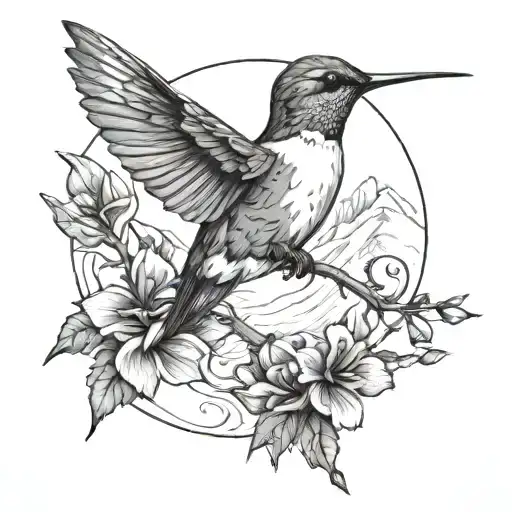hummingbird with a mountain at the back and a graduate symbol integrated   Black and white color, simple tattoo design idea