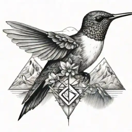 hummingbird with a mountain at the back and a graduate symbol integrated   Black and white color  tattoo design idea