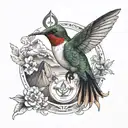hummingbird with a mountain behind and  a gratitude symbol integrated around with a sense of deepness, masculine tattoo design idea