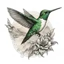 hummingbird with a mountain behind and  a gratitude symbol integrated around with a sense of deepness, masculine tattoo design idea