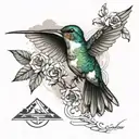 hummingbird with a mountain behind and  a gratitude symbol integrated around with a sense of deepness, masculine tattoo design idea
