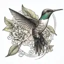 hummingbird with a mountain behind and  a gratitude symbol integrated around with a sense of deepness, masculine tattoo design idea