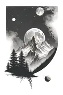 ultra realistic white mountains, dark background, open design, no frame, with the moon, bright pallete tattoo design idea