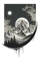 ultra realistic white mountains, dark background, open design, no frame, with the moon, bright pallete tattoo design idea