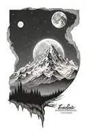 ultra realistic white mountains, dark background, open design, no frame, with the moon, bright pallete tattoo design idea