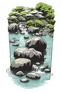 Japanese garden with water and zen rocks, bright pallete tattoo design idea