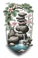 Japanese garden with water and zen rocks, bright pallete tattoo design idea