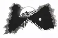 ultra realistic white mountains, dark background, open design, no frame, with the moon, bright pallete tattoo design idea