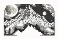 white mountains, dark background, open design, no frame, with the moon tattoo design idea