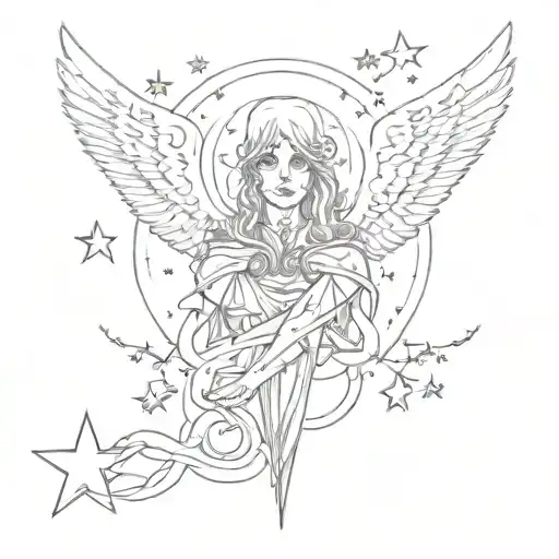 cyper sigilism style tattoo sleeve black and white line work stars angel skulls  tattoo design idea