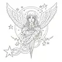 cyper sigilism style tattoo sleeve black and white line work stars angel skulls  tattoo design idea