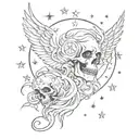 cyper sigilism style tattoo sleeve black and white line work stars angel skulls  tattoo design idea