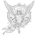 cyper sigilism style tattoo sleeve black and white line work stars angel skulls  tattoo design idea