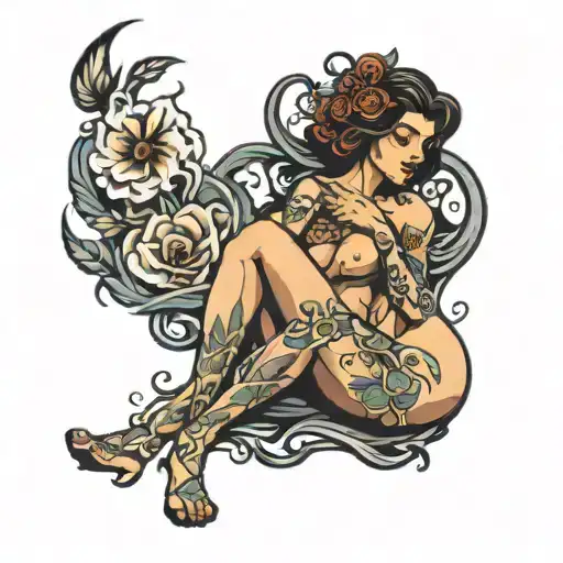 melancholic nude woman tattoo design idea