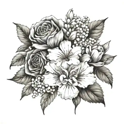 june, july, august and november birth flower bundle tattoo design idea