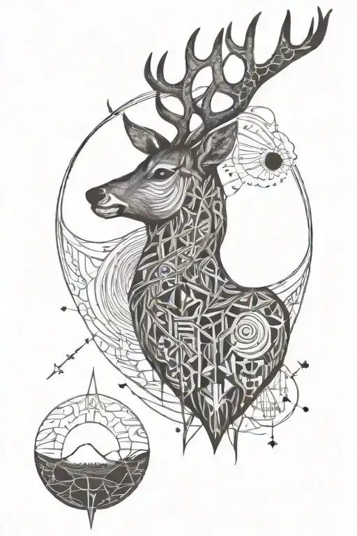 Deer face, moon, and sun rising tattoo design idea