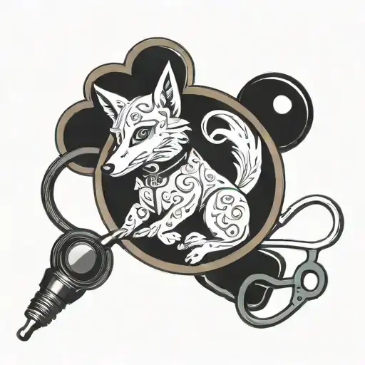 Alice in Wonderland themed stethoscope with a wolf peeking out of the pocket tattoo design idea