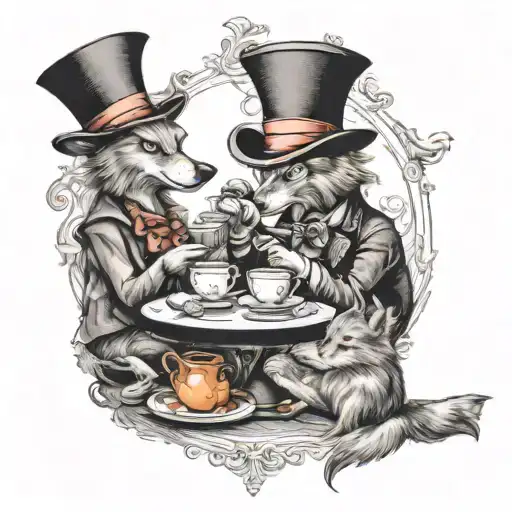 Mad Hatter's tea party with a wolf as one of the characters tattoo design idea
