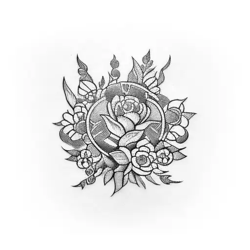 An intricately designed blackwork tattoo of an army tank surrounded by blooming flowers, representing the beauty and strength of military service tattoo design idea