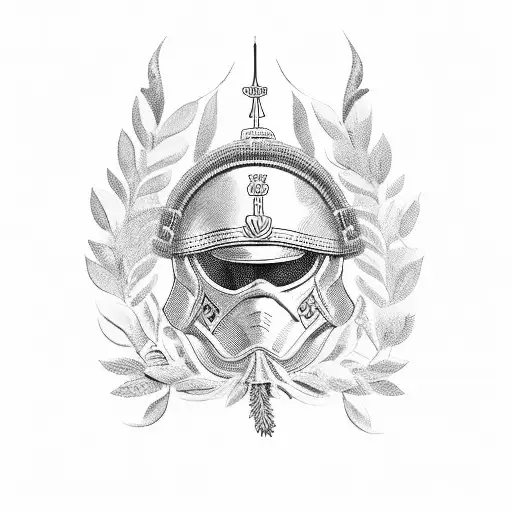 A soldier's helmet adorned with a wreath of olive branches, symbolizing peace and victory tattoo design idea