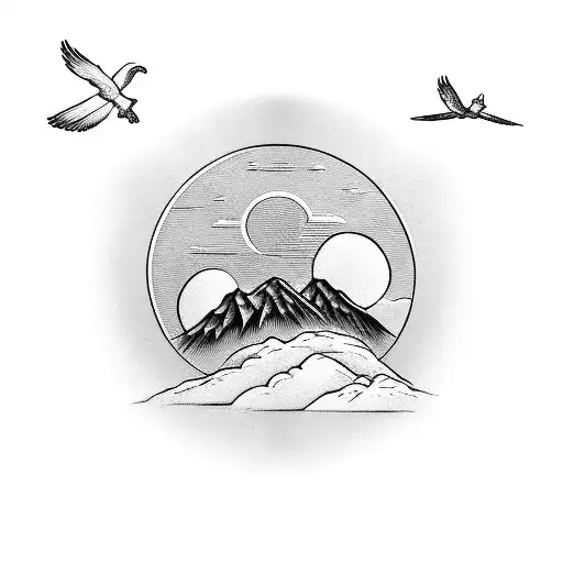 three crosses on the mountain with the sky opening up and a dove flying up tattoo design idea