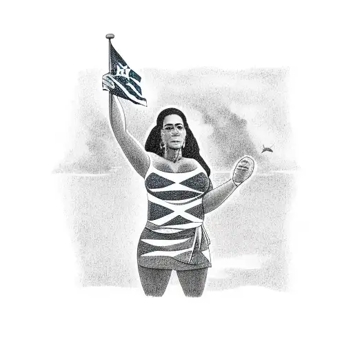 a Taino woman holding a Puerto Rican flag around her as a towel, with the ocean behind her and the taino sun in the sky tattoo design idea