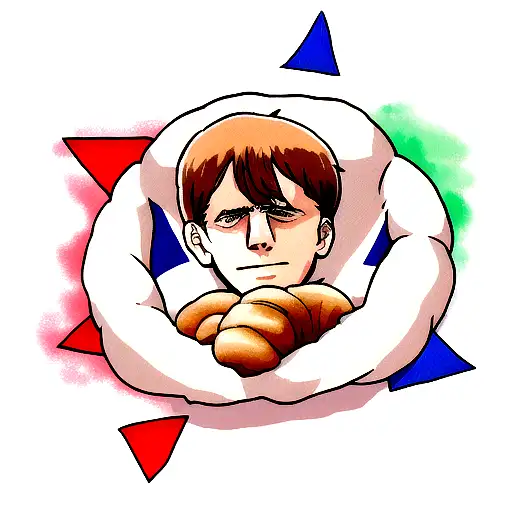 Emmanuel Macron's face surrounded by the french flag, croissants and french baguette tattoo design idea