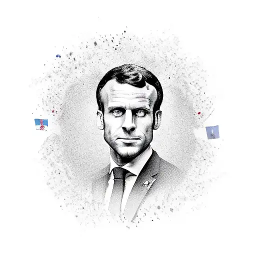 Emmanuel Macron's face surrounded by the french flag, croissants and french baguette tattoo design idea