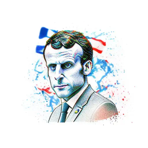 Emmanuel Macron's face surrounded by the french flag, croissants and french baguette tattoo design idea