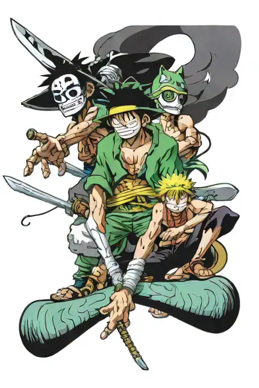 luffy and zoro one piece , inosuke katana from demonslayer, makima chainsaw man, death the kid soul eater tattoo design idea