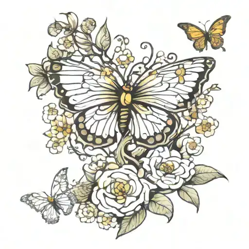 Posion tree growing honey suckle flowers with butterflies  tattoo design idea