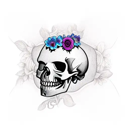 half sleeve 2.5D skull with flowers, mushrooms, vines and butterflies tattoo design idea