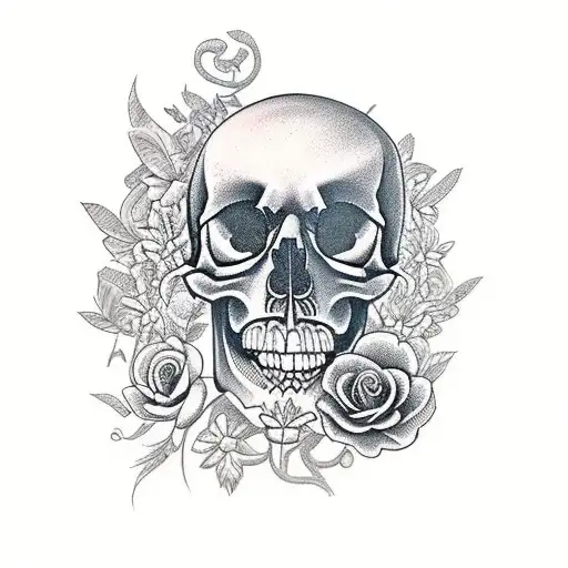 half sleeve 2.5D skull with flowers, mushrooms, vines and butterflies tattoo design idea
